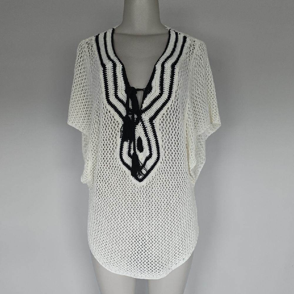 One World cream/black crochet swim cover-up/top-XL
